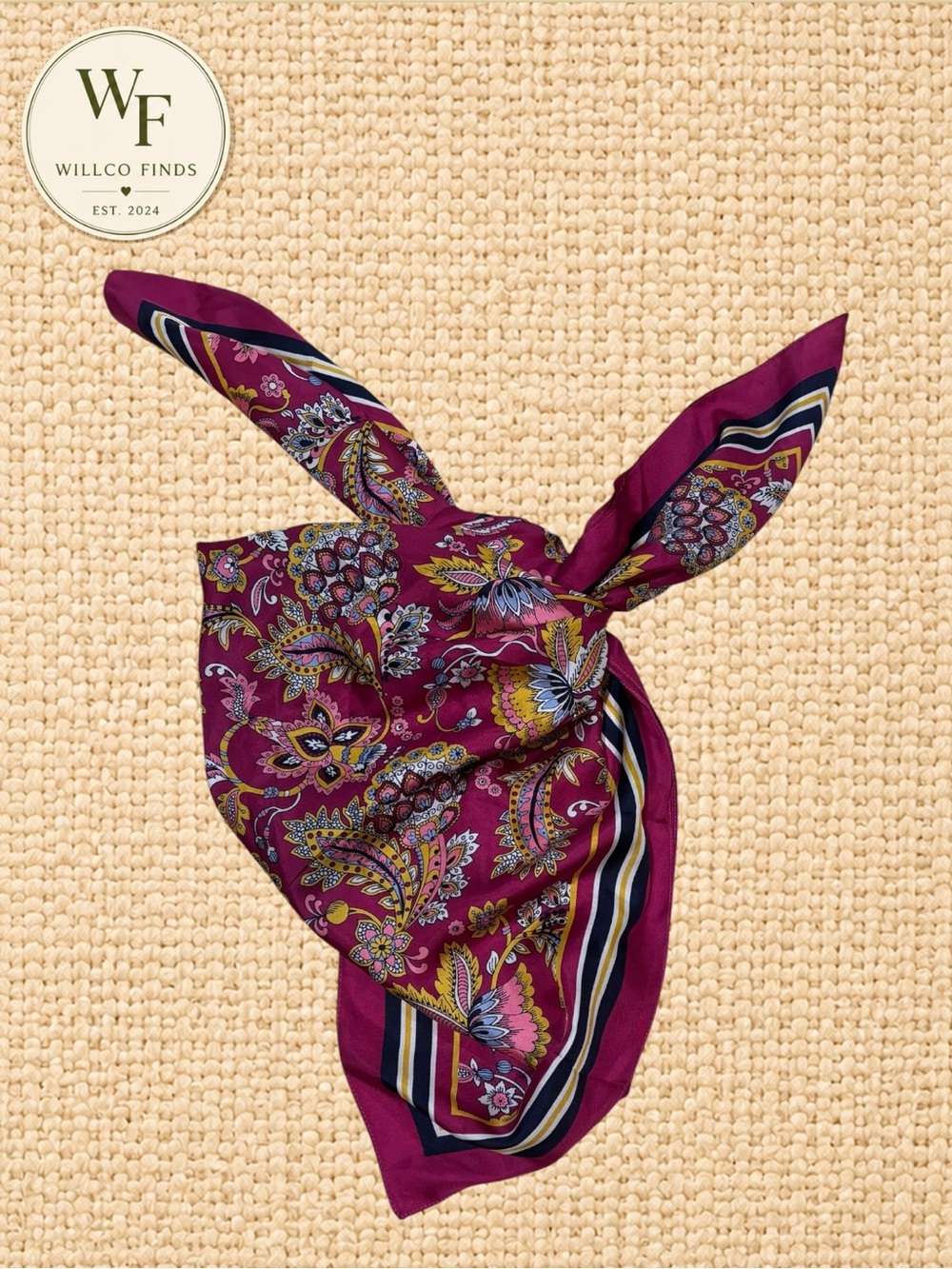 Magenta Paisley Floral Square Scarf Pink Navy Mustard 33”